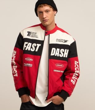 Jaqueta em Microfibra com Gola com Botão e Estampa Lettering Harsh Racing Vermelho-Branco-Preto
