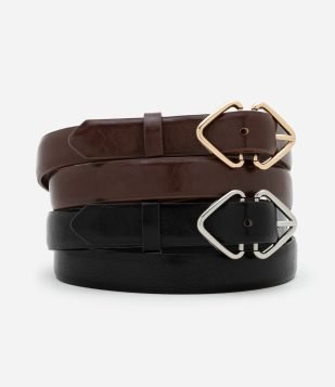 Kit 02 Cintos Médios com Fivela Triangular Marrom-Preto