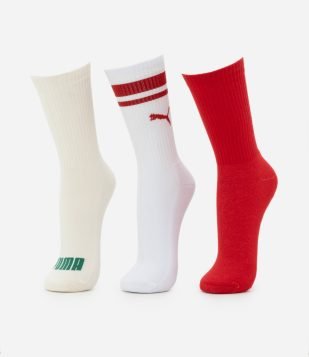 Kit 03 Meias Cano Alto Esportiva em Algodão Puma Bege, Branco e Vermelho