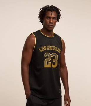 Regata Esportiva de Basquete com Textura e Estampa Los Angeles 23 Preto