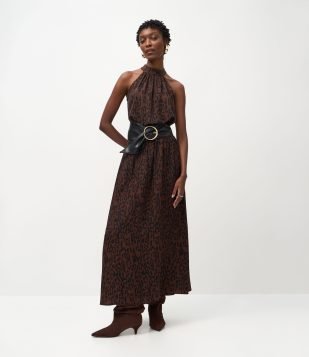 Saia Midi em Crepe com Estampa Animal Print Marrom