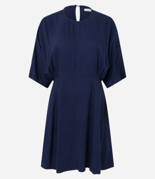 Vestido Curto em Viscose com Manga Morcego e Decote V Azul Escuro