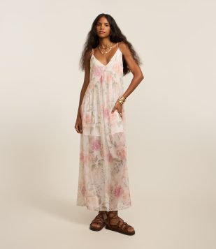 Vestido Midi com Decote em V e Estampa Floral Off White-Rosa-Verde