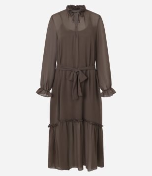 Vestido Midi em Chiffon com Amarração Frontal Marrom