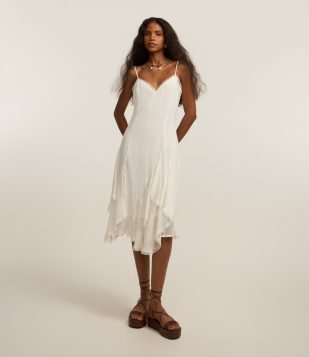 Vestido Midi em Crepe com Pontas e Aplicação de Renda Branco