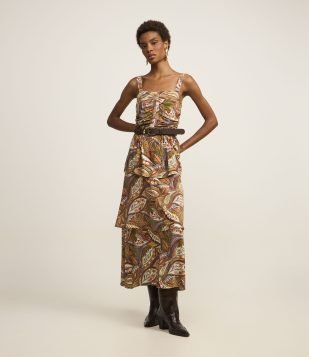 Vestido Western Evasê Midi em Viscose com Estampa Folhagem Marrom