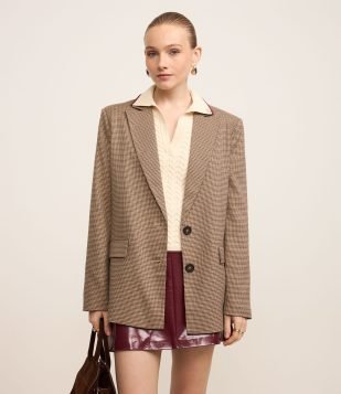 Blazer Oversized Alfaiatado com Estampa Pied de Poule Cinza
