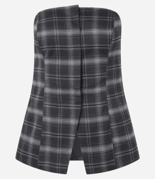 Blusa Alongada em Alfaiataria Xadrez com Elástico nas Costas Cinza Escuro