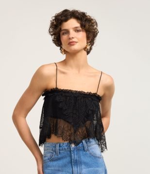Blusa Cropped em Tule com Detalhe em Renda Preto