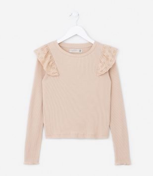 Blusa Infantil em Ribana com Babados - Tam 5 a 14 Anos Bege
