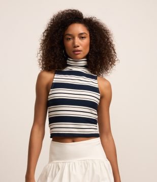 Blusa Regata Canelada com Gola Alta e Listras Branco-Azul