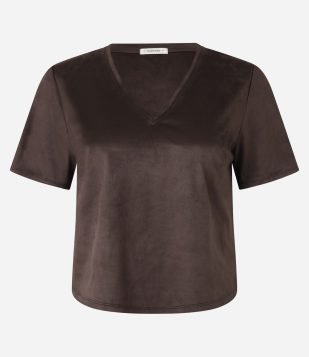 Blusa em Suede com Decote V Marrom