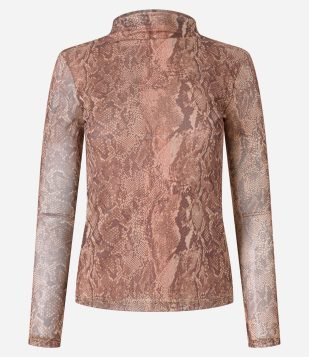Blusa em Tule com Gola Alta e Estampa Serpente Marrom