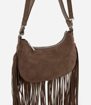 Bolsa Baguete Pequena com Franjas Longas Marrom