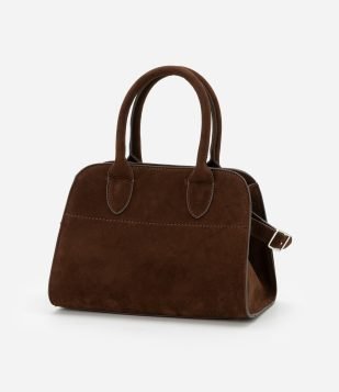 Bolsa Mini Satchel em Suede com Alça Rígida e Detalhe de Fivela Marrom