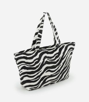 Bolsa Shopper em Algodão com Estampa Animal Print de Zebra Preto-Branco