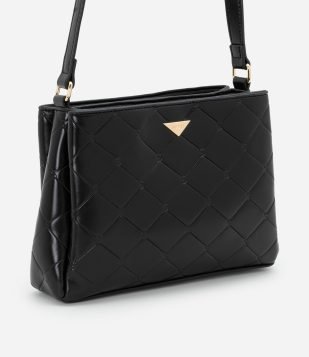 Bolsa Transversal Pequena em PU com Textura Preto