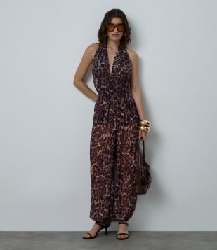 Calça Aladim em Chiffon Animal Print Marrom