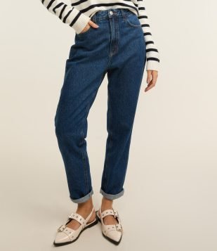 Calça Mom em Jeans com Cintura Alta e Costura Aparente Azul