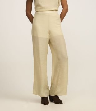 Calça Pantalona Cintura Alta em Viscose com Elástico no Cós Creme