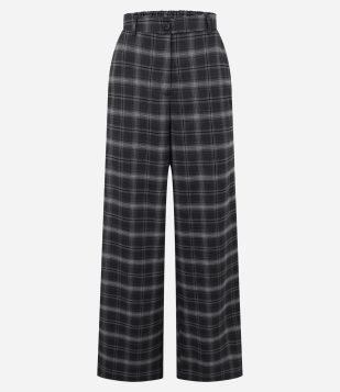 Calça Pantalona em Alfaiataria Xadrez com Cós Elástico Cinza Escuro
