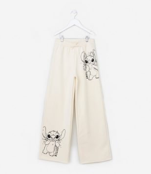 Calça Wide Infatil em Moletom com Estampa Stitch e Angel - Tam 5 a 14 Anos Bege