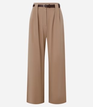 Calça Wide Leg Alfaiataria com Cintura Alta e Cinto Bege