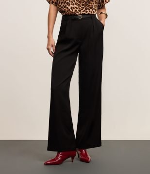 Calça Wide Leg Alfaiataria com Cintura Alta e Cinto Preto