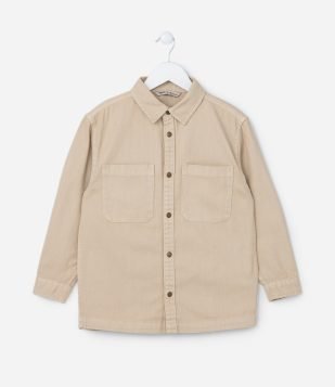Camisa Overshirt Infantil em Sarja com Bolsos - Tam 5 a 14 Anos Bege