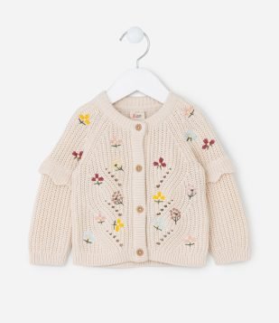 Cardigan Infantil com Babados e Bordado Floral - Tam 0 a 18 meses Bege