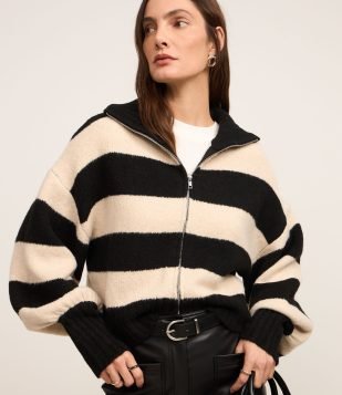Cardigan em Tricô com Punho e Listras Largas Bege-Preto