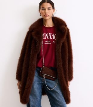 Casaco Alongado Peluciado com Lapela na Gola Marrom