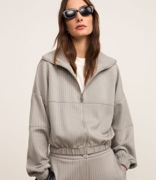 Casaco Bomber em Malha com Listras e Gola Lapela Cinza