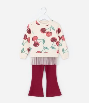 Conjunto em Moletom com Estampa de Cerejas e Babadinho de Tule - Tam 1 a 5-6 Anos Vermelho-Bege