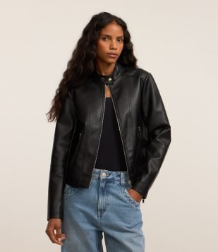 Jaqueta Básica em PU com Botões na Gola Preto