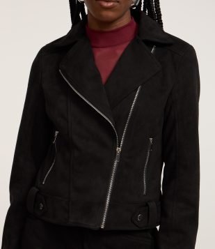 Jaqueta Biker em Suede com Bolsos e Zíper Preto