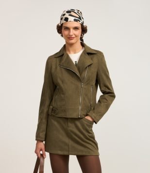 Jaqueta Biker em Suede com Bolsos e Zíper Verde