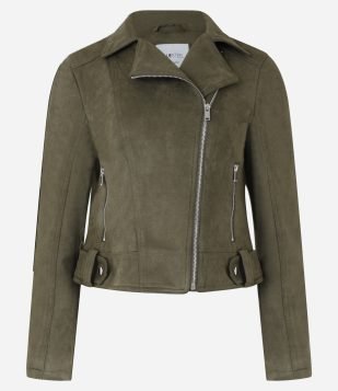 Jaqueta Biker em Suede com Bolsos e Zíper Verde