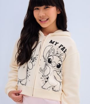 Jaqueta Curta Infantil com Estampa Angel e Stitch - Tam 7 a 14 Anos Bege