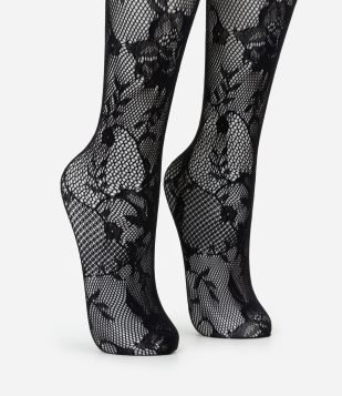 Meia Calça Texturizada com Renda Floral Preto