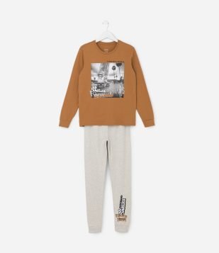 Pijama Longo Infantil com Estampa Skate - Tam 5 a 14 anos Caramelo-Bege