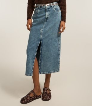 Saia Midi em Jeans com Fenda Frontal Azul