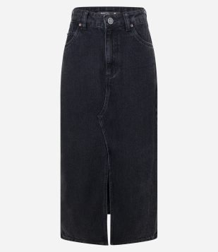 Saia Midi em Jeans com Fenda Frontal Preto
