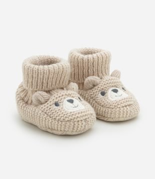 Sapato Infantil em Tricô com Bordado Carinha de Urso - Tam 0 a 12 meses Bege