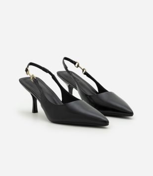 Sapato Slingback com Aviamento Lateral Preto