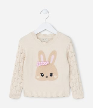 Suéter Infantil Texturizado com Bordado Coelhinha - Tam 1 a 5 Anos Bege