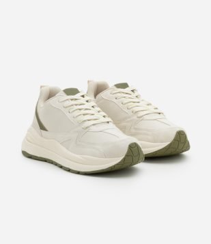 Tenis Jogging em PU com Detalhes Contrastantes Off White-Verde