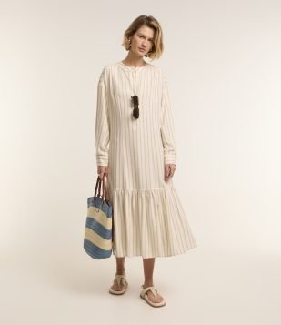 Vestido Chemise Midi Manga 3-4 em Viscolinho Listrado Branco-Azul