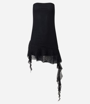 Vestido Curto em Tule Tomara que Caia com Babado na Barra Preto