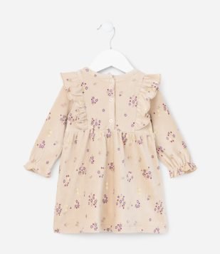 Vestido Infantil Canelado com Babados - Tam 0 a 18 meses Bege